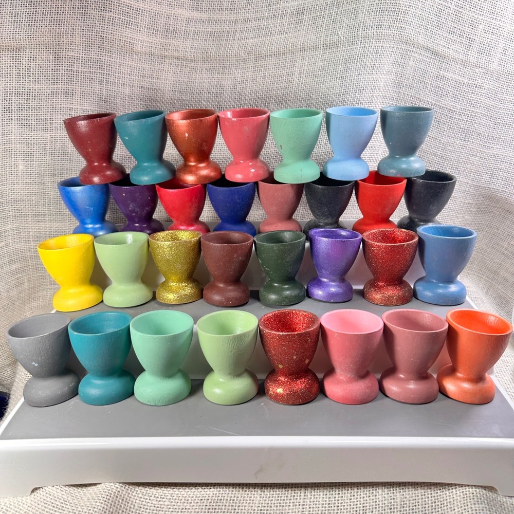 31 pc Hand Painted Wooden Egg Cups Rainbow Glitter Metallic Easter Decor Set